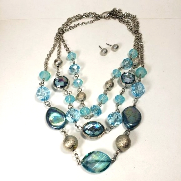 Silver-tone Multi layers Crystal and Beads Necklace With matching Stud Earrings - Picture 1 of 10